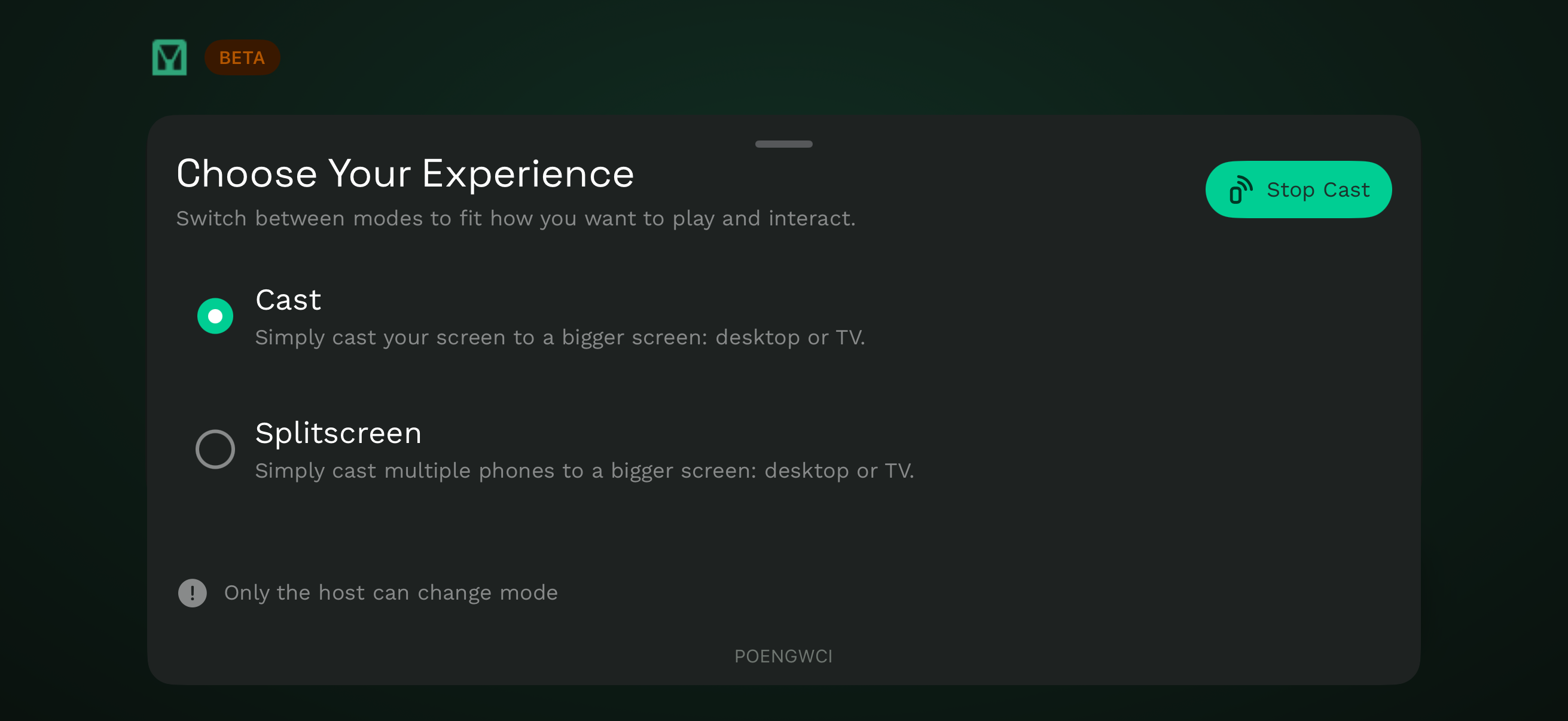 GCast experience picker showing Cast mode selected